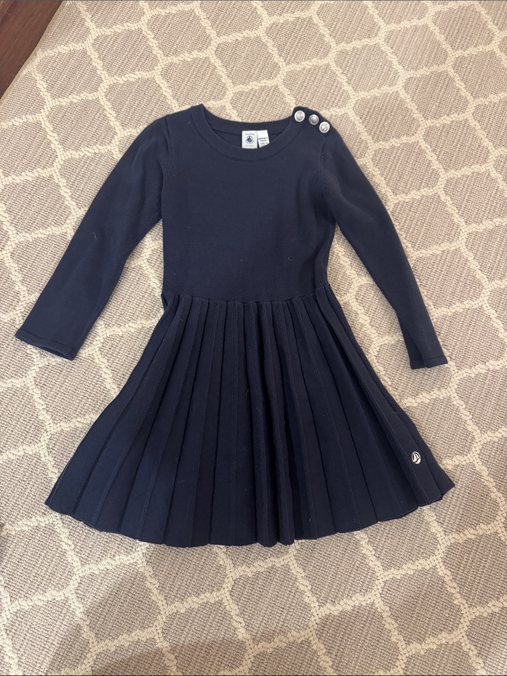 Petit Bateau Navy Pleated Knit Dress with Shoulder Buttons